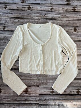 aerie Cream Cropped Button-Front Long Sleeve Top